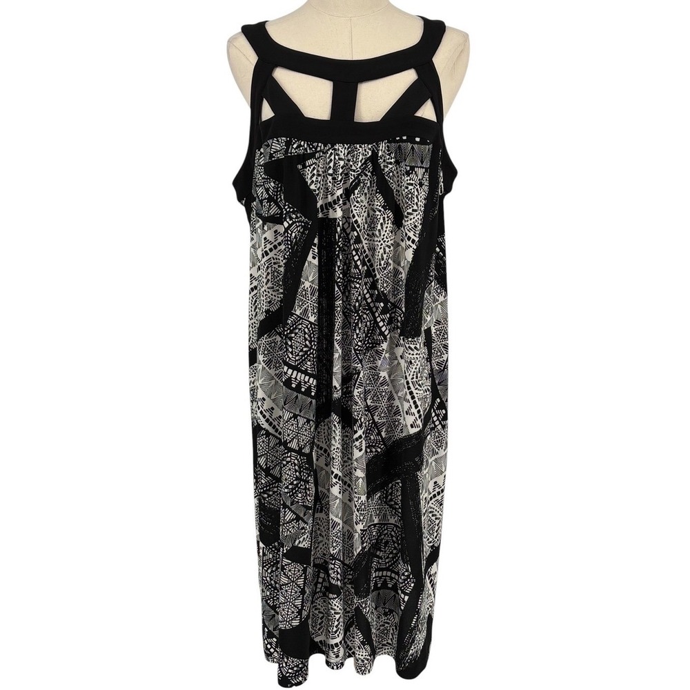 En Focus Women Shift Dress Black White Geometric Cage‎ Neck 14W